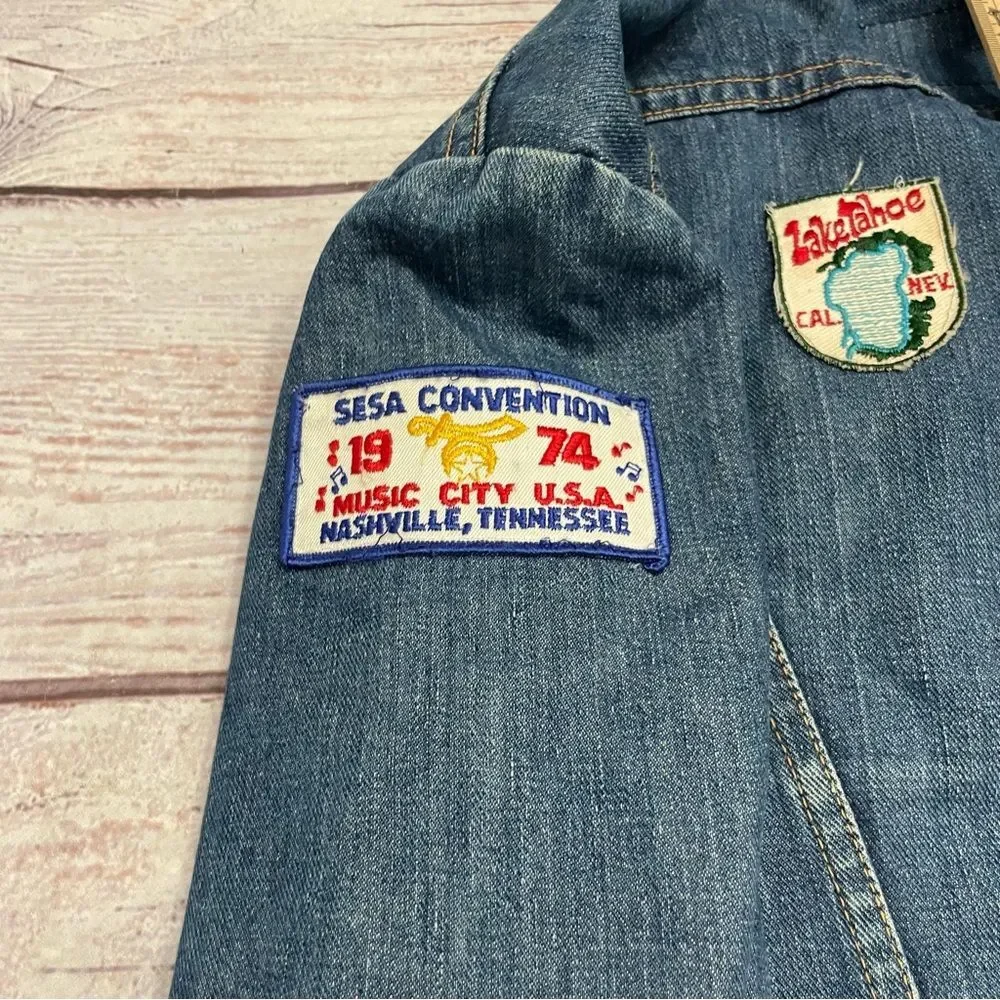 Wrangler Vintage 1970s Jean Jacket Size 40 = Modern US Medium Patches Blue - Picture 3 of 11